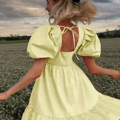 Short Puff Sleeve Square Collar Ruffled Dress