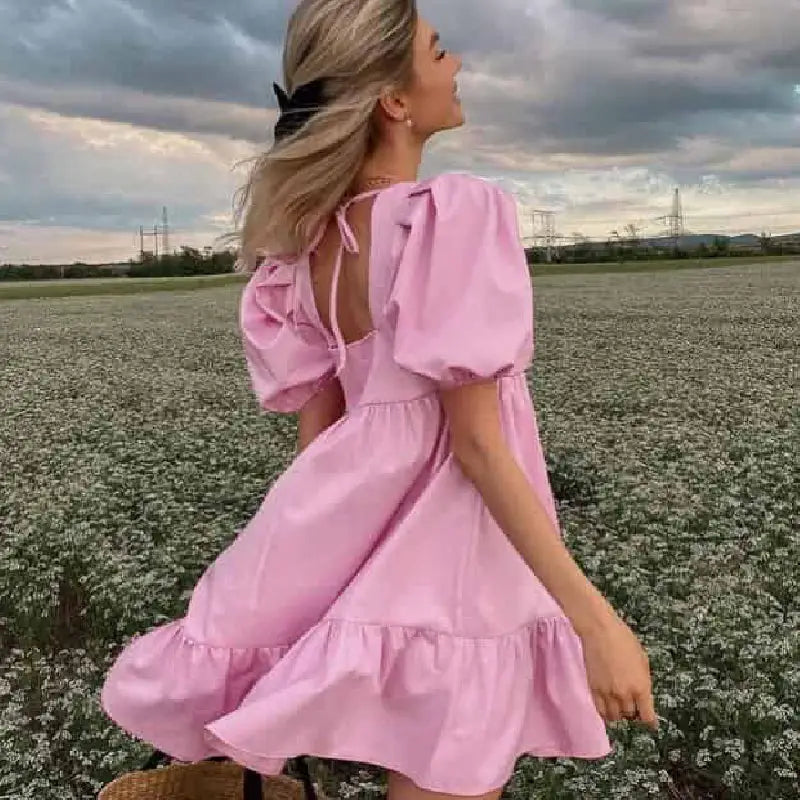 Short Puff Sleeve Square Collar Ruffled Dress - Pink / S