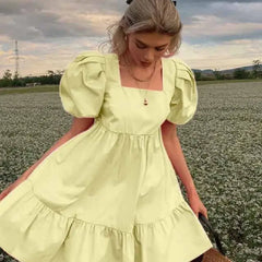 Short Puff Sleeve Square Collar Ruffled Dress - Yellow / S