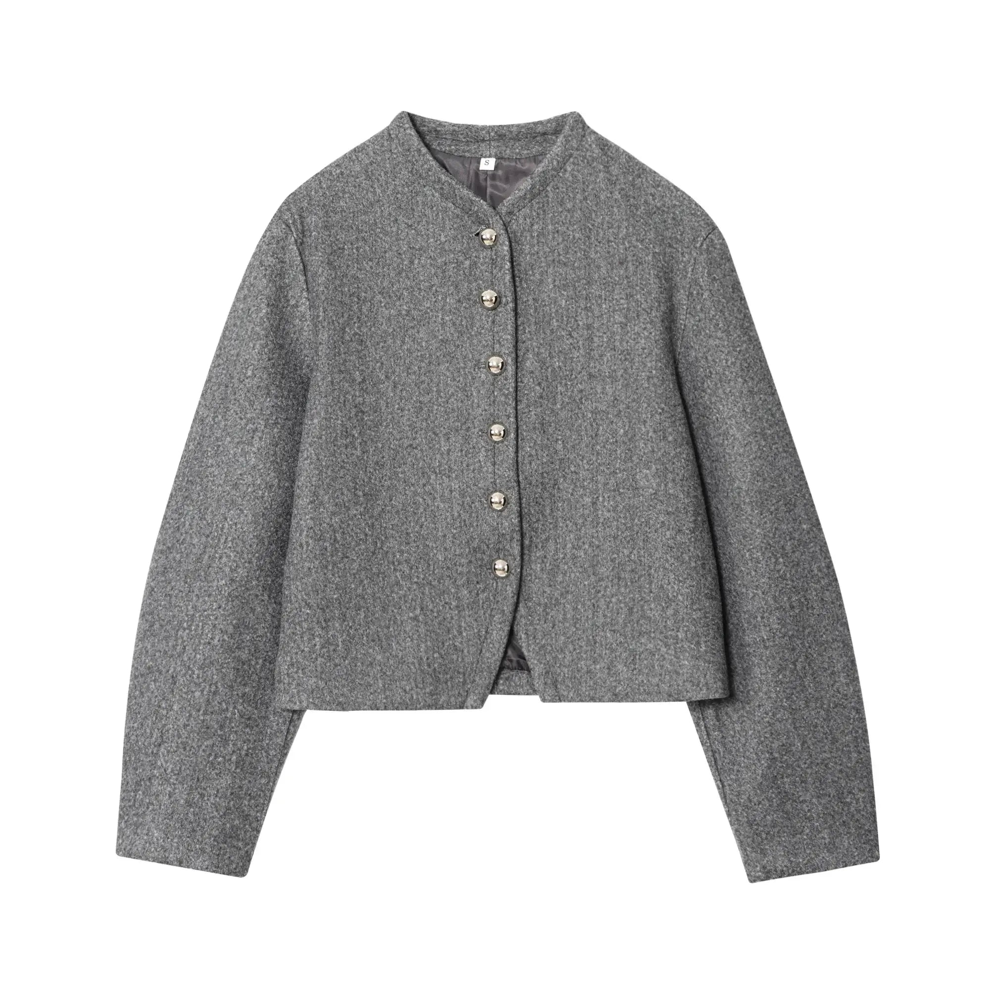 Short Round Neck Single Breasted Buttoned Closure Jacket in grey with O-neckline and buttoned front, perfect for autumn. Polyester material.