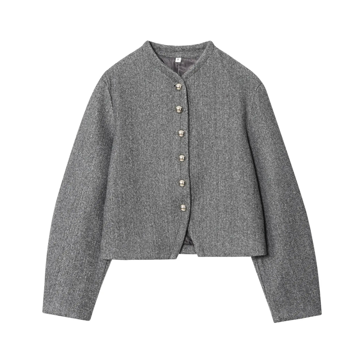 Short Round Neck Single Breasted Buttoned Closure Jacket in grey with O-neckline and buttoned front, perfect for autumn. Polyester material.