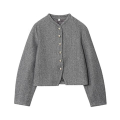 Short Round Neck Single Breasted Buttoned Closure Jacket in grey with O-neckline and buttoned front, perfect for autumn. Polyester material.