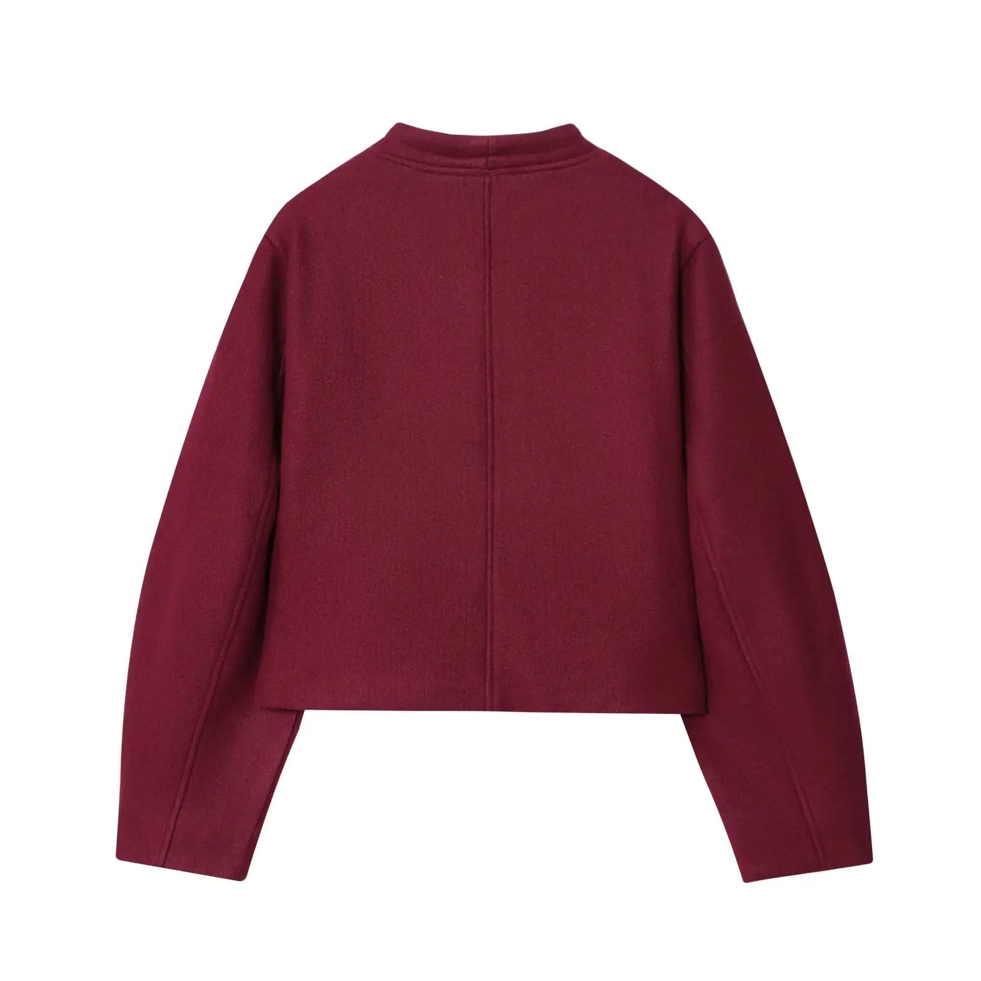 Back view of a Short Round Neck Single Breasted Buttoned Closure Jacket in burgundy, featuring a structured design ideal for autumn wear.