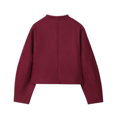 Back view of a Short Round Neck Single Breasted Buttoned Closure Jacket in burgundy, featuring a structured design ideal for autumn wear.