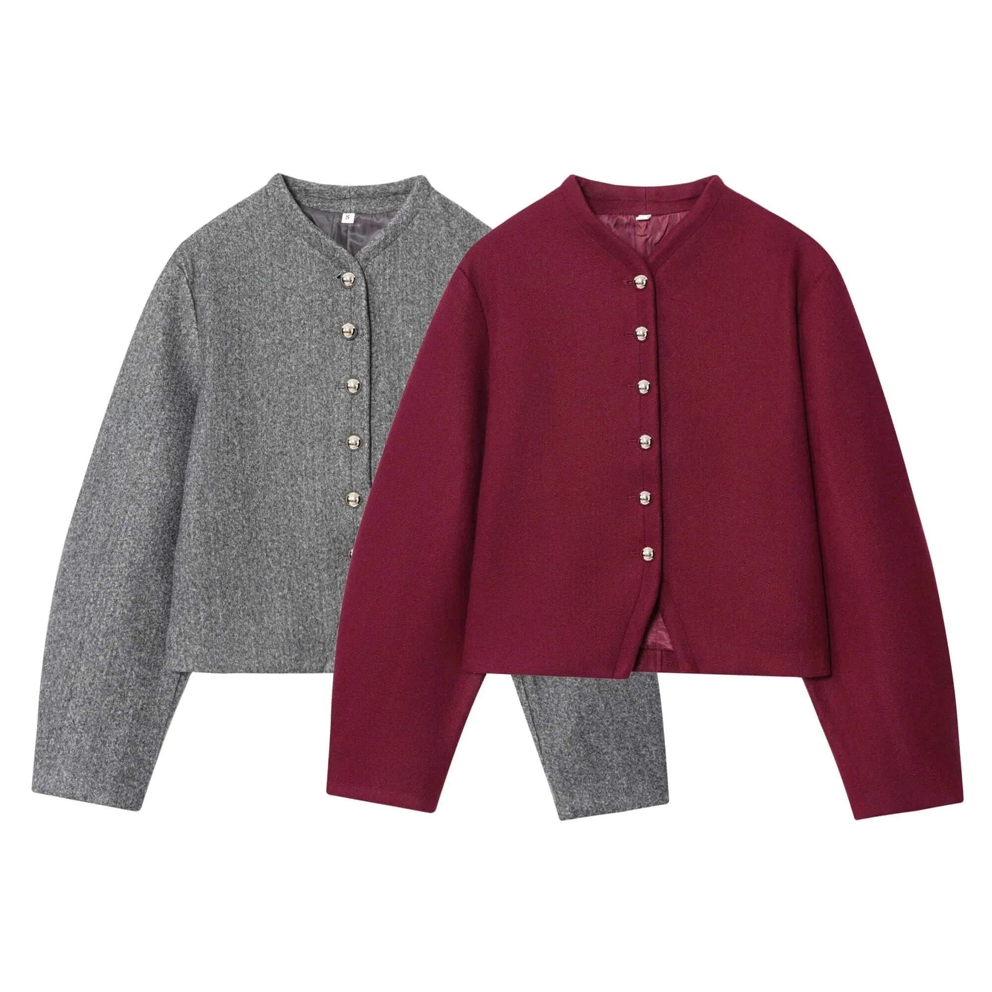 Short Round Neck Single Breasted Buttoned Closure Jacket in gray and burgundy colors. Ideal for a chic and professional autumn look.