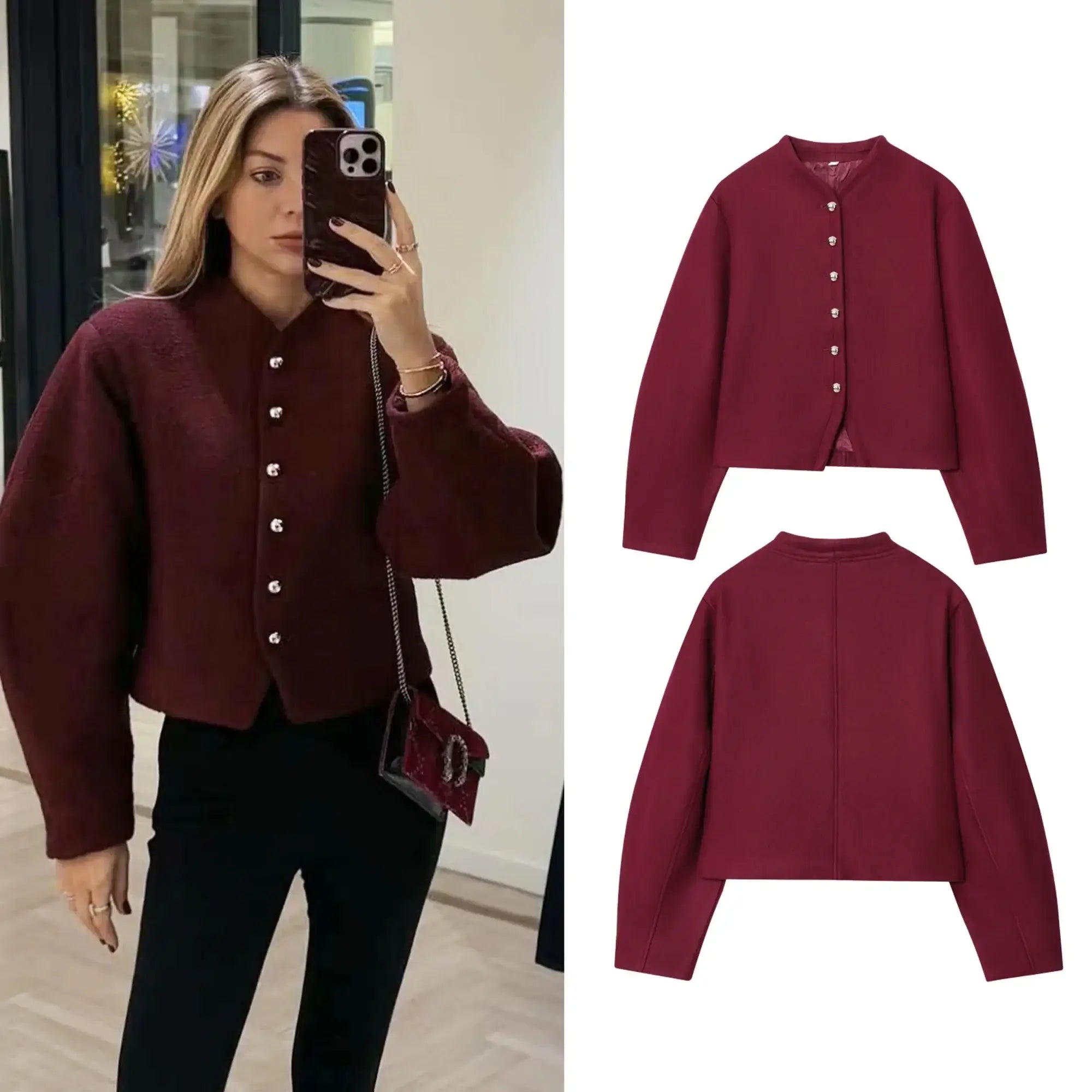 Model wearing Short Round Neck Single Breasted Buttoned Closure Jacket in burgundy with front and back views displayed on the side.
