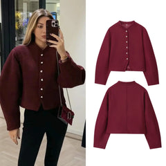Model wearing Short Round Neck Single Breasted Buttoned Closure Jacket in burgundy with front and back views displayed on the side.