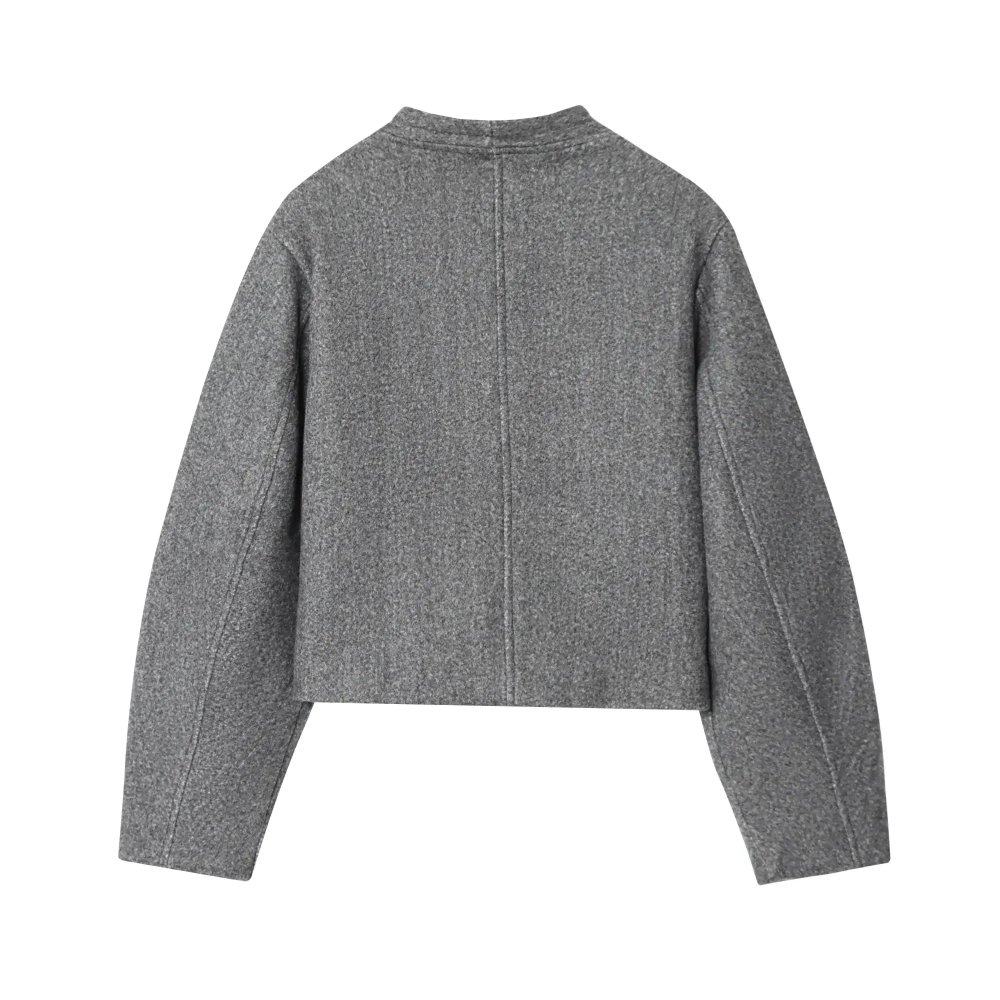 Back view of Short Round Neck Single Breasted Buttoned Closure Jacket in gray color for autumn wear