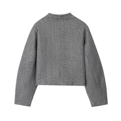 Back view of Short Round Neck Single Breasted Buttoned Closure Jacket in gray color for autumn wear