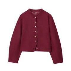 Short Round Neck Single Breasted Buttoned Closure Jacket in burgundy, featuring O-neckline and buttoned front for casual chic and professional style.