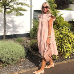 Short Sleeve Bohemian Dress Knee Length Loose Fit Polyester