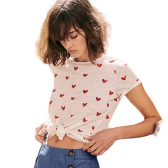 Short Sleeve Heart Print Top - Red / S