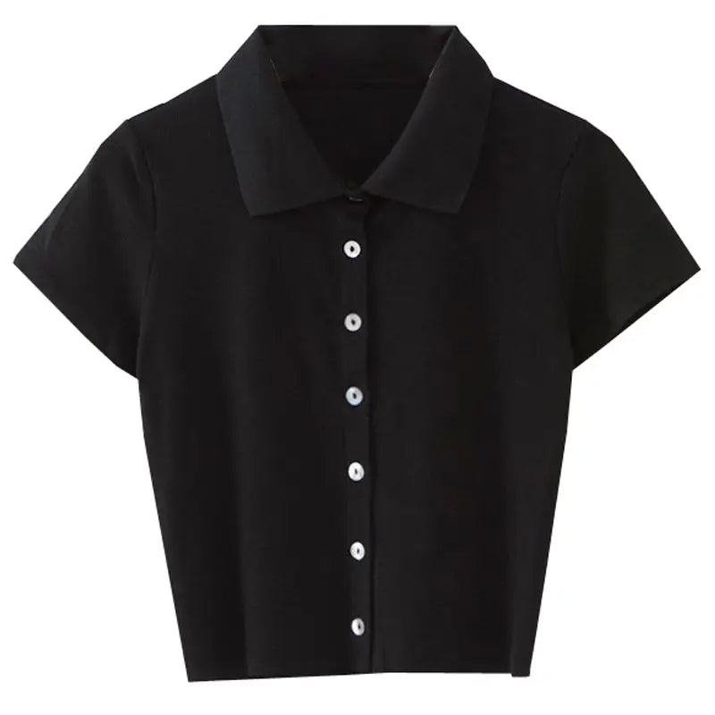 Button Up Cropped T-Shirt - Black / S