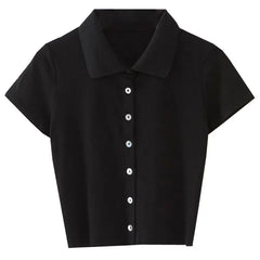 Button Up Cropped T-Shirt - Black / S