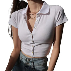 Button Up Cropped T-Shirt - White / S
