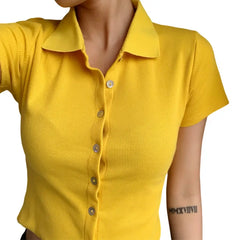Button Up Cropped T-Shirt - Yellow / S