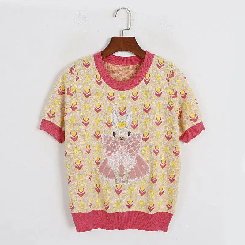 Short Sleeve Sweater with Rabbit Embroidery
