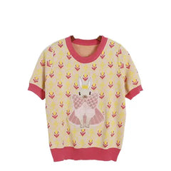 Short Sleeve Sweater with Rabbit Embroidery