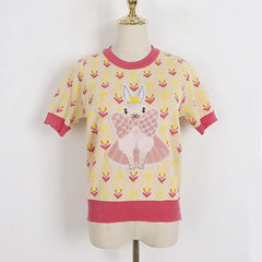 Short Sleeve Sweater with Rabbit Embroidery Pink Yellow / S