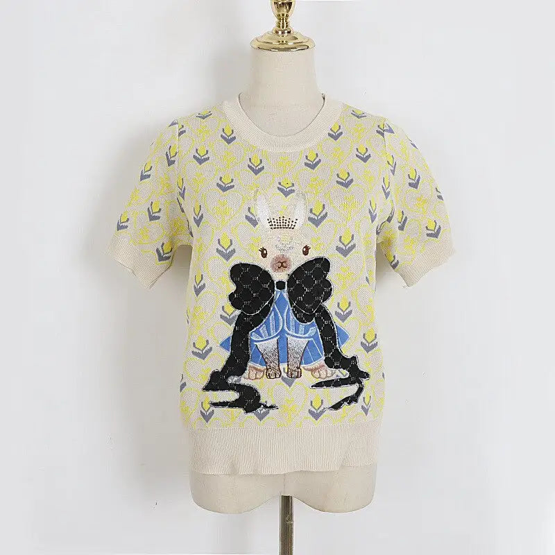 Short Sleeve Sweater with Rabbit Embroidery Yellow / S