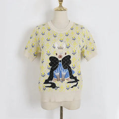 Short Sleeve Sweater with Rabbit Embroidery Yellow / S