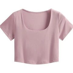 Short Sleeve Thin Knitted T-shirt - Pink / One size