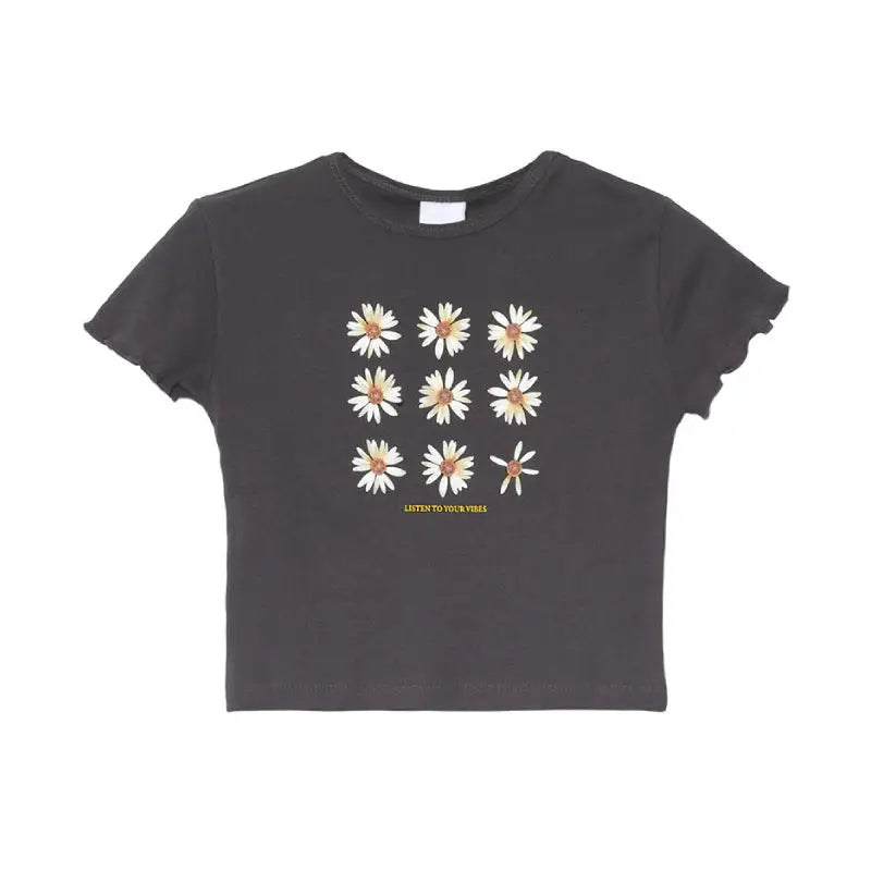 Short-Sleeved Blouse With Daisy Print - Grey / M