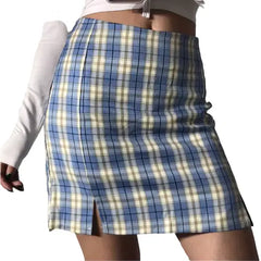 Side Slit Plaid Skirt - Blue/White / XS