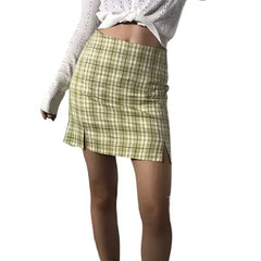 Side Slit Plaid Skirt - Green/Yellow / XS