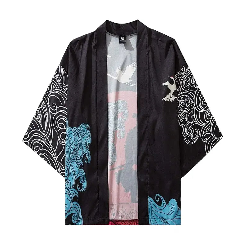 Silhouette Samurai & Crane 3/4 Sleeve Kimono - KIMONO