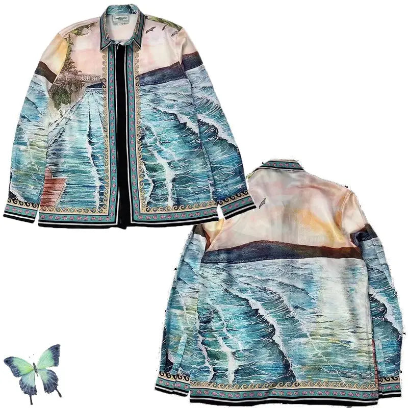 Silk Casual Shirt with Print Funny Design Blue / S