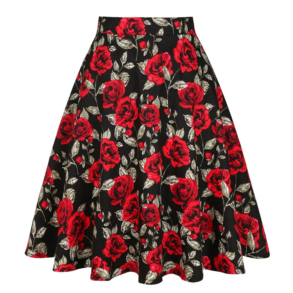 Silk Satin High Waist Flower Skirt for Women Red. / XL
