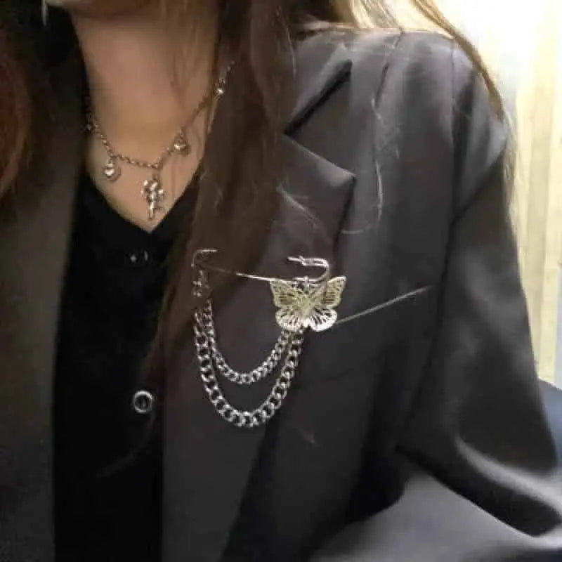 Silver Butterfly Cross Pendant Long Chain Pin Brooch