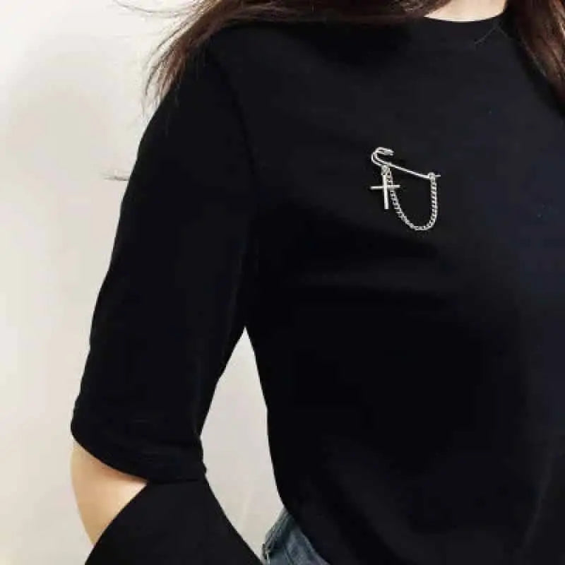 Silver Butterfly Cross Pendant Long Chain Pin Brooch Short