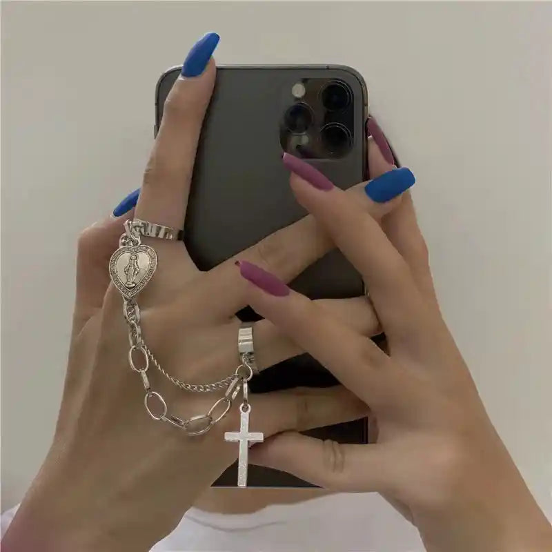 Silver Color Chain Geometric Charm Ring Bracelet Set 2