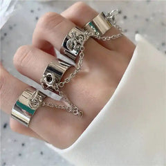 Silver Color Chain Geometric Charm Ring Bracelet Set 4