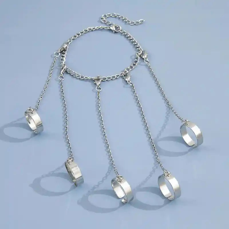 Silver Color Chain Geometric Charm Ring Bracelet Set