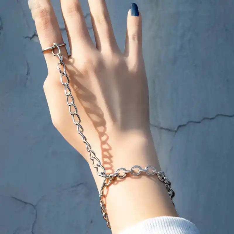 Silver Color Chain Geometric Charm Ring Bracelet Set