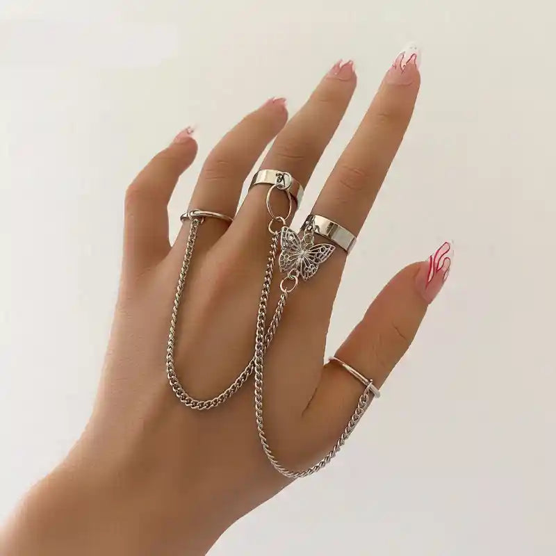Silver Color Chain Geometric Charm Ring Bracelet Set