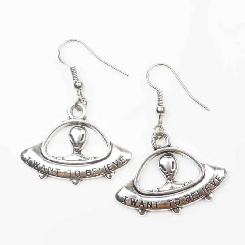 Silver Hanging Earrings Set - Alien Spaceship