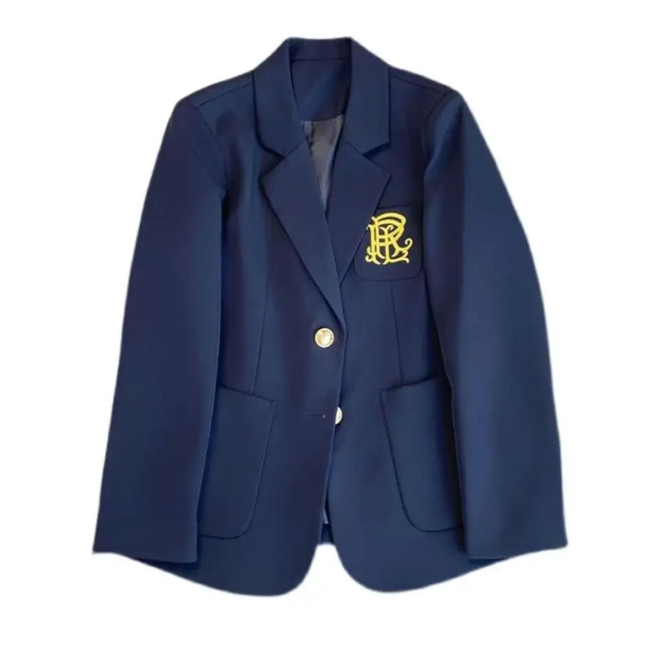 Single Breasted Pocket Embroidery Suit Blazer - Navy Blue