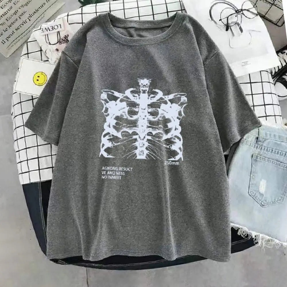 Skeleton Chest Grunge Aesthetic T-shirt - Grey / XS
