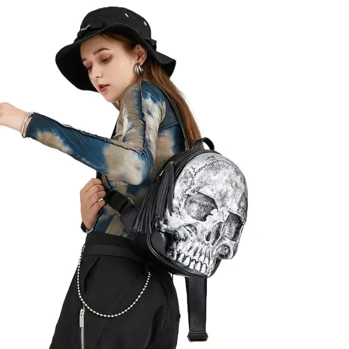 Skeleton Head 3D Embossed PU Leather Backpack - Accesories