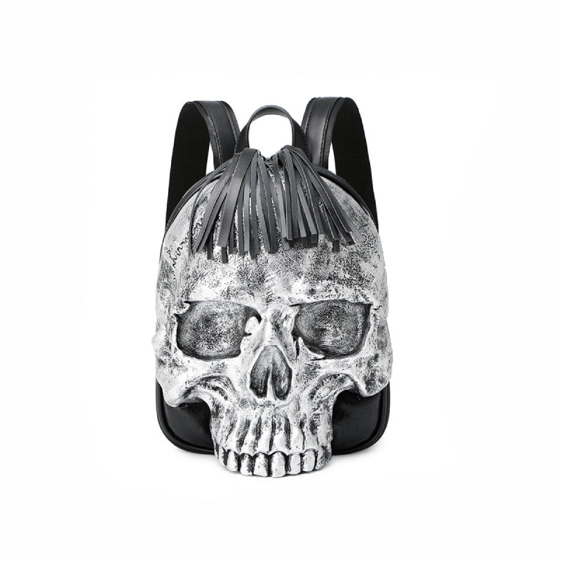Skeleton Head 3D Embossed PU Leather Backpack - Silver / One