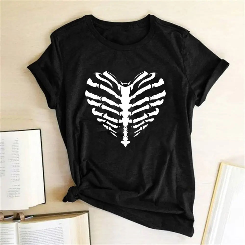 Skeleton Heart Printed T-shirt - Black / S - T-shirts