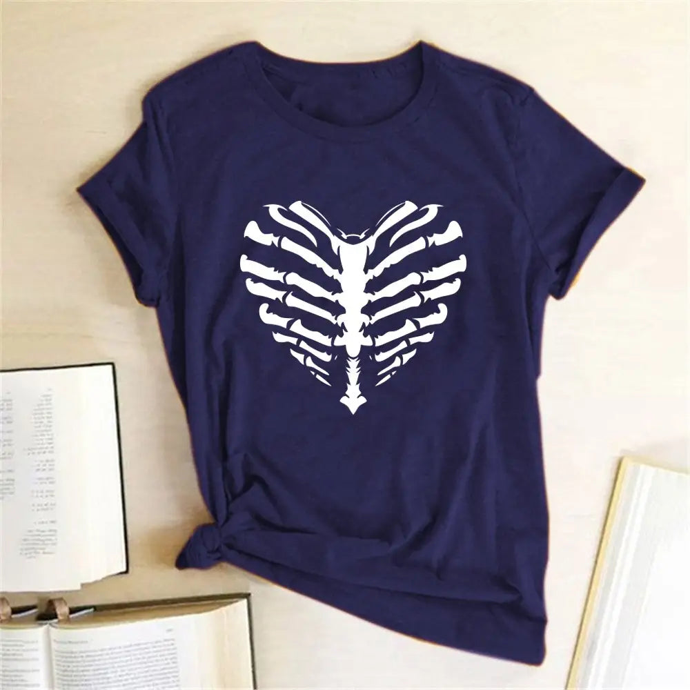 Skeleton Heart Printed T-shirt - Blue / S - T-shirts