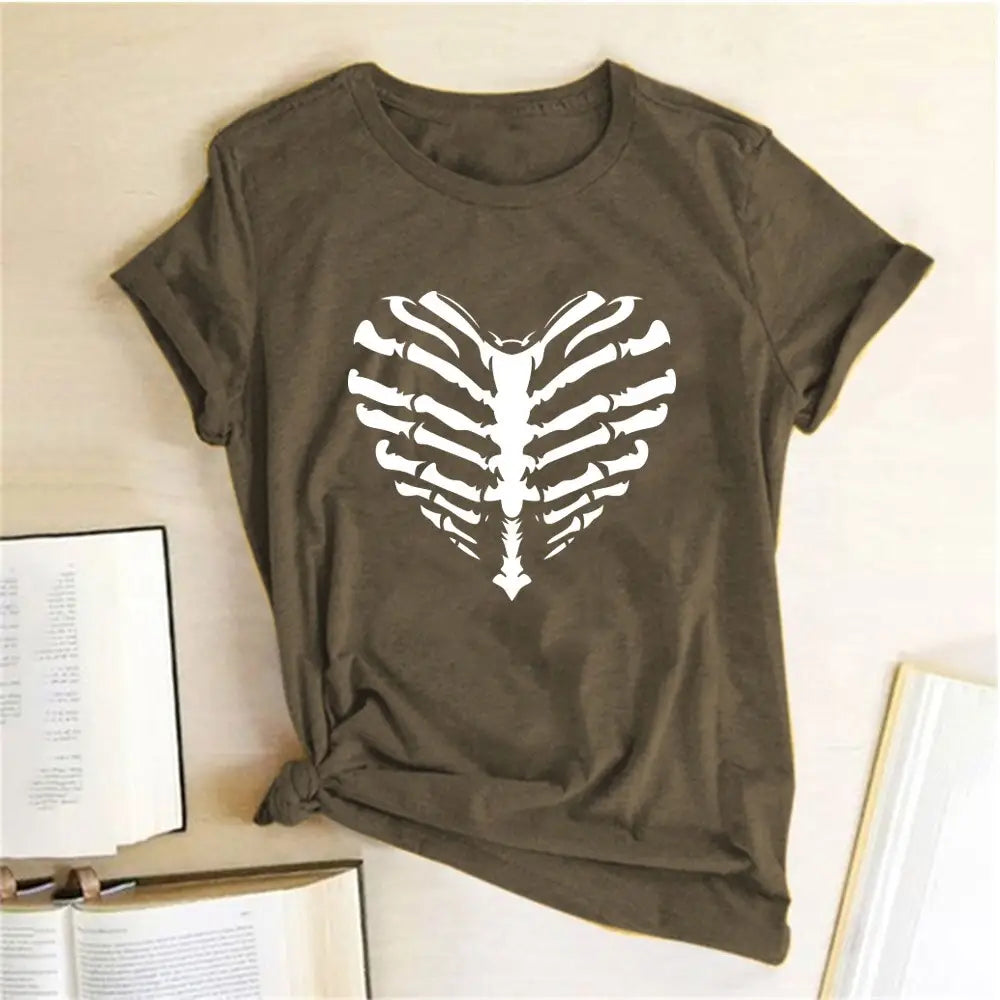 Skeleton Heart Printed T-shirt - Brown / S - T-shirts