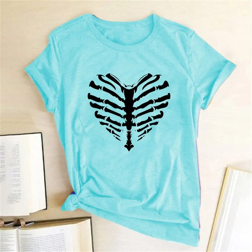 Skeleton Heart Printed T-shirt - Cyan / S - T-shirts
