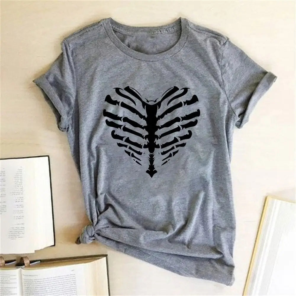 Skeleton Heart Printed T-shirt - Grey / S - T-shirts