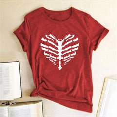 Skeleton Heart Printed T-shirt - Red / S - T-shirts